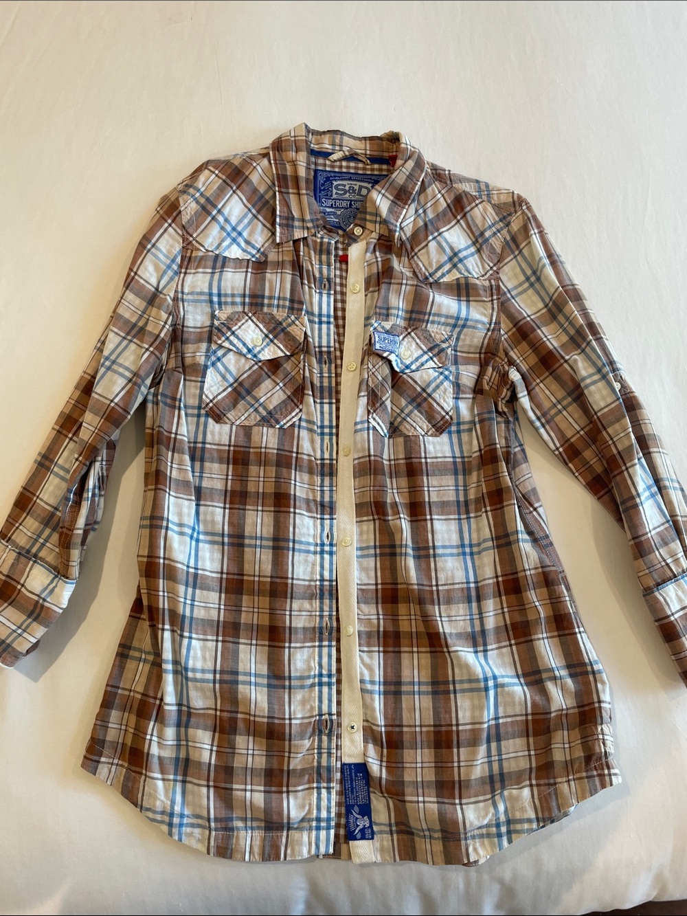Superdry Brown and Cream Plaid Button-Down Shirt